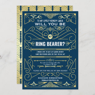 Convites Arte Deco Você Será Meu Ring Bearer Dourado Azul E