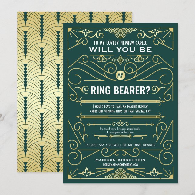 Convites Arte Deco Você Será Meu Ring Bearer Verde Dourado (Frente/Verso)