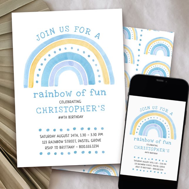 Convites Arte do Arco-Íris Pastel Boys Aniversário (Rainbow of Fun 1st birthday invitation)