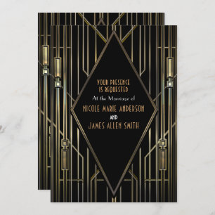 Convites Arte Dourada 20 e Deco Gatsby Glam Wedding