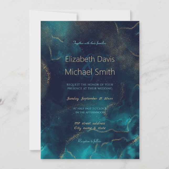 Convites Arte Dourada a álcool Azul Profundo Mar Azul (Frente)