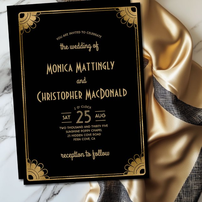 Convites Arte Dourada Negra Deco Simples Vintage Casamento  (Classy black and gold art deco floral wedding invitation )