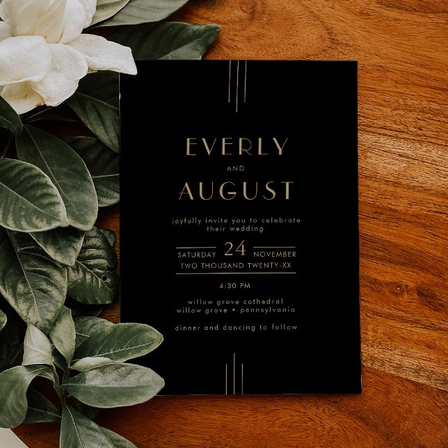 Convites Arte Elegante Deco Negra e Dourada Casamento (EVERLY Elegant Art Deco Black and Gold Wedding Invitation)