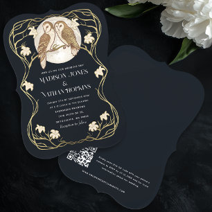Convites Arte elegante Nouveau Owls Código QR Casamento