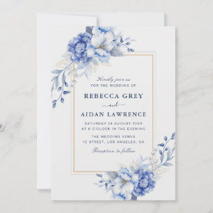 Convites Arte em Aquarela com Flores em Azul Desbotado e Bo