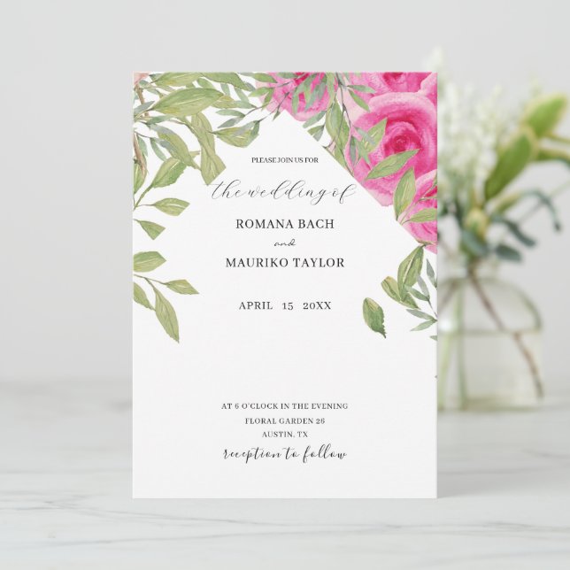 Convites Arte em Aquarela de Rosas Pink Boho Elegante (Em pé/Frente)