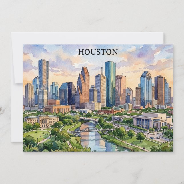Convites Arte em Aquarela Retro Houston Texas (Frente)