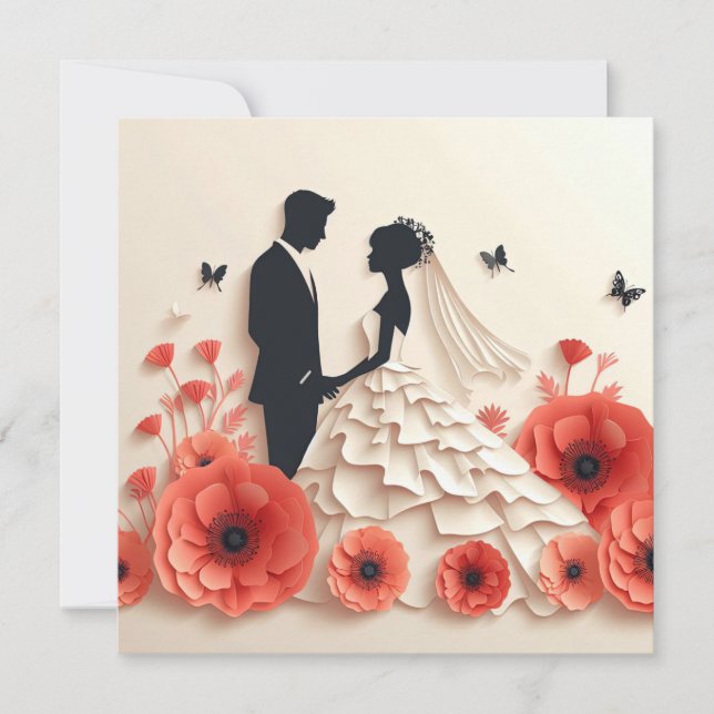 Convites Arte em papel de noiva e noivo com flores (Frente)