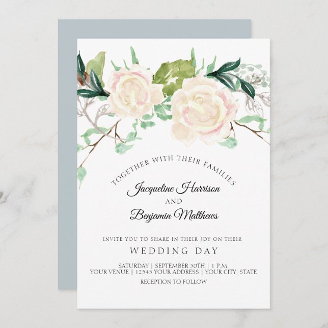 Convites Arte Floral em Aquarela Elegante Moderna Rosa Marf (Frente/Verso)