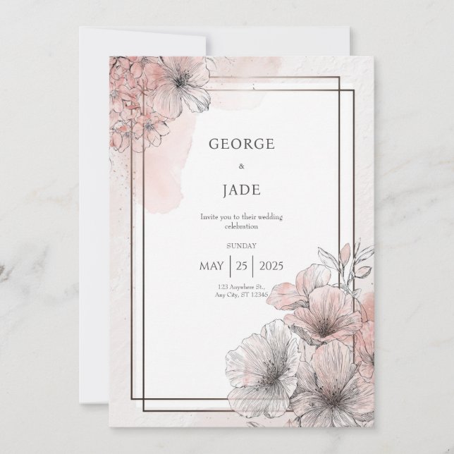Convites Arte Floral Moderna em Rosa Cor-de-Rosa Casamento (Frente)