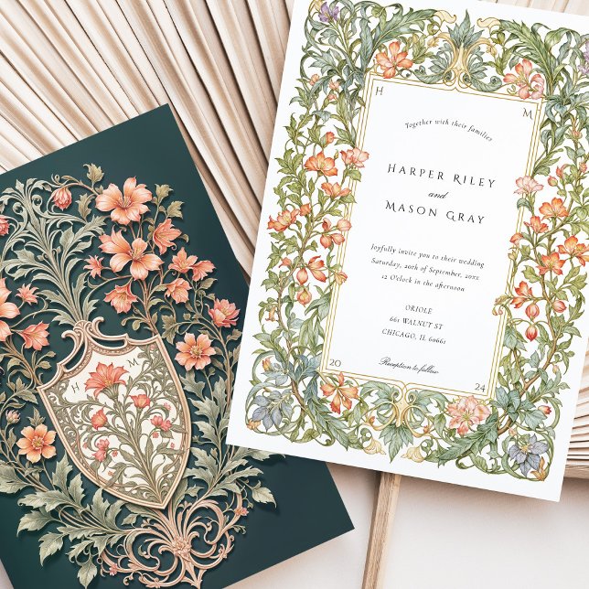 Convites Arte Floral Nouveau Casamento Bougainvillea Shield (Criador carregado)