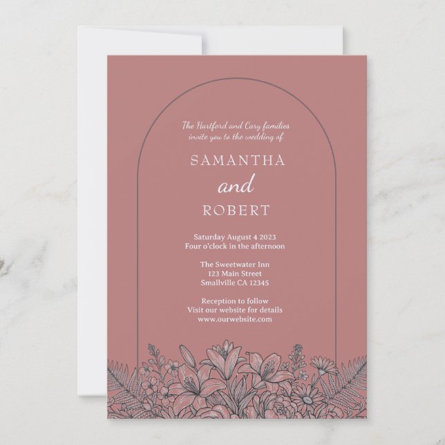 Convites Arte Linear Floral Casamento Rosa Poeirento  (Frente)