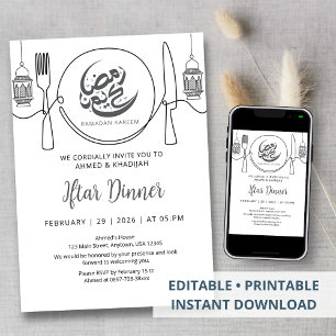 Convites Arte Minimalista de Uma Linha para Jantar de Iftar