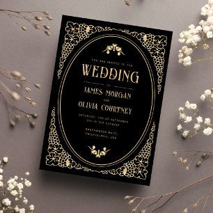 Convites Arte Moderna Deco Casamento Preto e Dourado