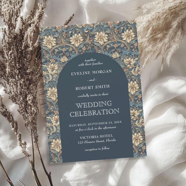 Convites Arte Nouveau floral de marfim azul pastel com muda (Modern muted pastel blue ivory floral Art Nouveau Invitation)