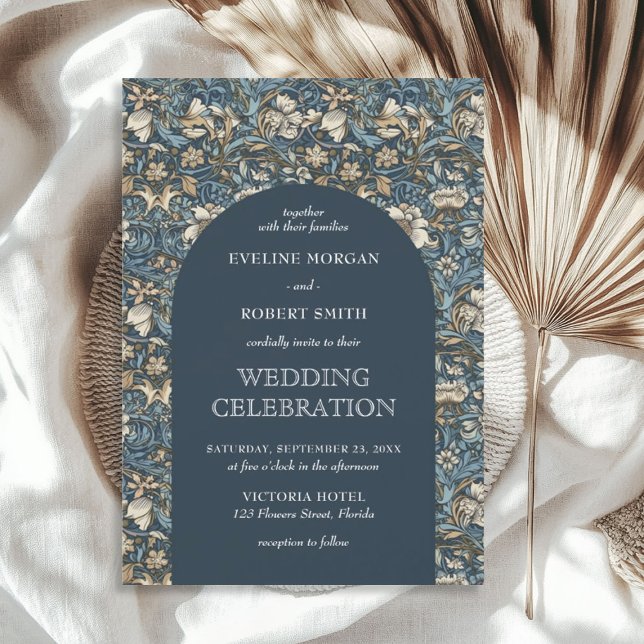 Convites Arte Nouveau, floral de marfim azul pastel moderno (Modern Dark pastel blue ivory floral Art Nouveau Invitation)