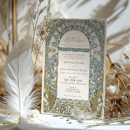 Convites Arte Nouveau Mucha de Casamento Azul e Muçulmano