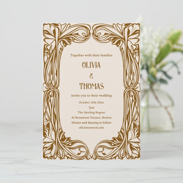 Convites Arte Nova Antiga Casamento Marrom Ornate  (Em pé/Frente)