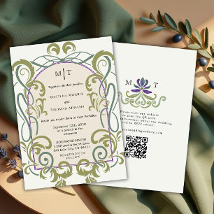 Convites Arte Nova Antiga Elegante Código QR Floral Casamen