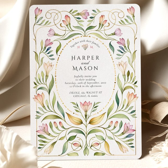 Convites Arte Nova Fantasia Freesias Boda Dourada (Criador carregado)