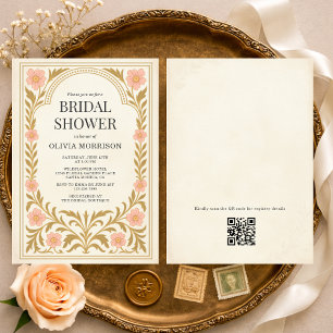 Convites Arte Nova Floral Vitoriana Código QR Chuveiro de N