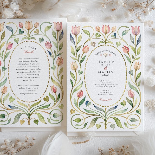 Convites Arte Nova Romântica Casamento de Tulipa & Corações (Criador carregado)