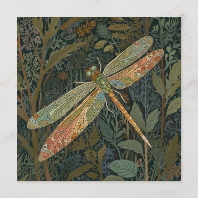 Convites Arte nova vintage libélula verde dourada (Frente)