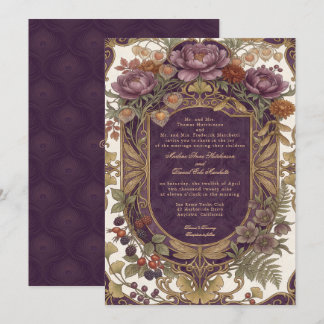 Convites Arte Novo Vintage Floral de Outono Escudo Roxo