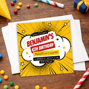 Convites Arte Pop Infantil de Super-Herói Quadrinhos Laranj