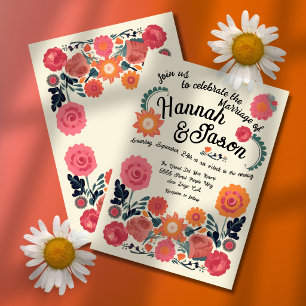 Convites Arte Popular Colorido Retro Floral Casamento