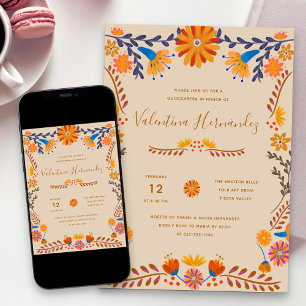 Convites Arte Popular Floral Mexicano Quinceanera