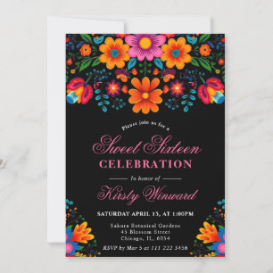 Convites Arte Popular Mexicano Floral Brilhante Sweet 16