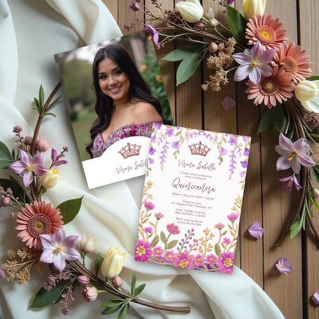 Convites Arte Popular Rosa % Lilás Espanhol Mexicano XVs Fl (Folk Art Pink & Lilac Shades Spanish Mexican XVs Floral Border Embroidery Style Quinceañera Cards.)