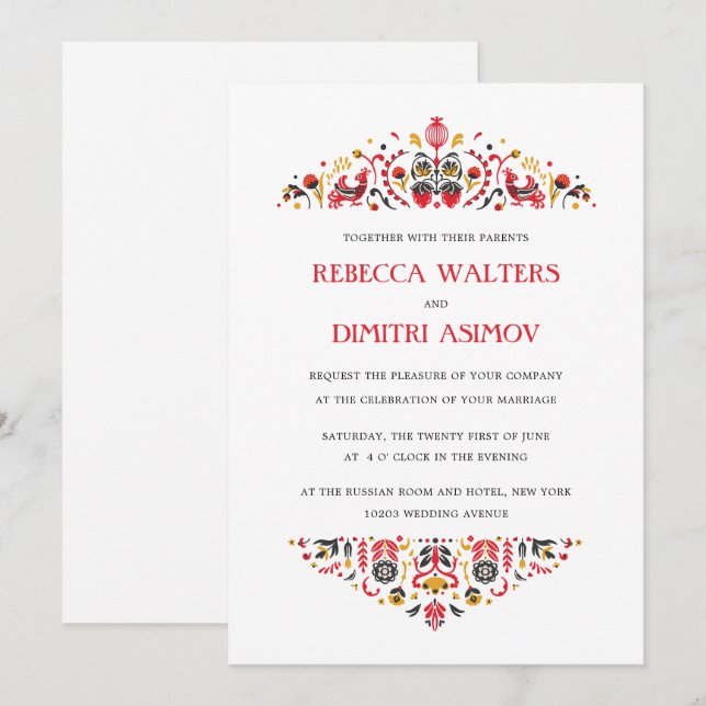 Convites Arte Popular Russa Khokhloma Flower Weding Invita (Frente/Verso)