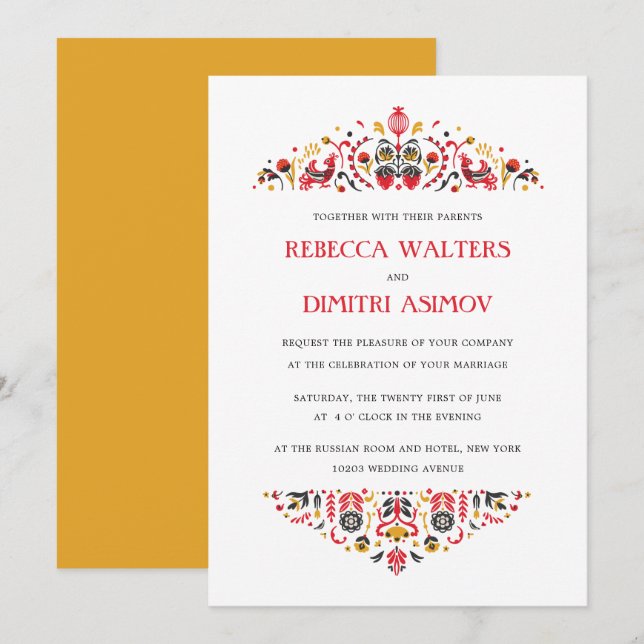 Convites Arte Popular Russa Khokhloma Flower Weding Invita (Frente/Verso)