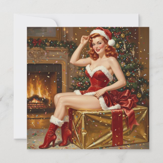 Convites Arte retrô de Papai Noel pin-up (Frente)