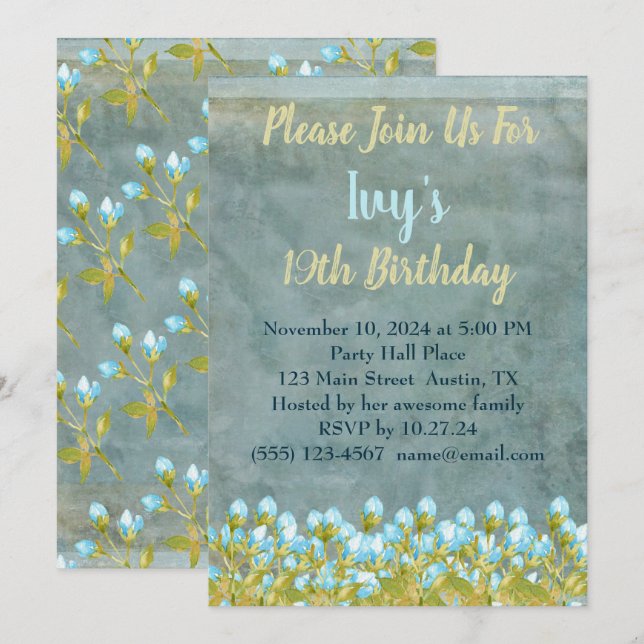 Convites Arte Rustic Teal Blue Watercolor (Frente/Verso)