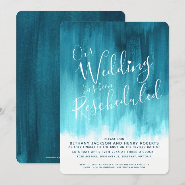 Convites Arte verde Teal aqua reagendada casamento (Frente/Verso)