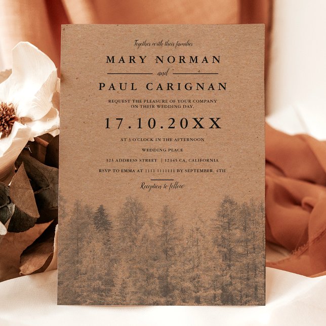 Convites Artesanato russo Queda casamento entre pinheiros d (Rustic kraft Fall winter pine trees forest wedding Invitation)