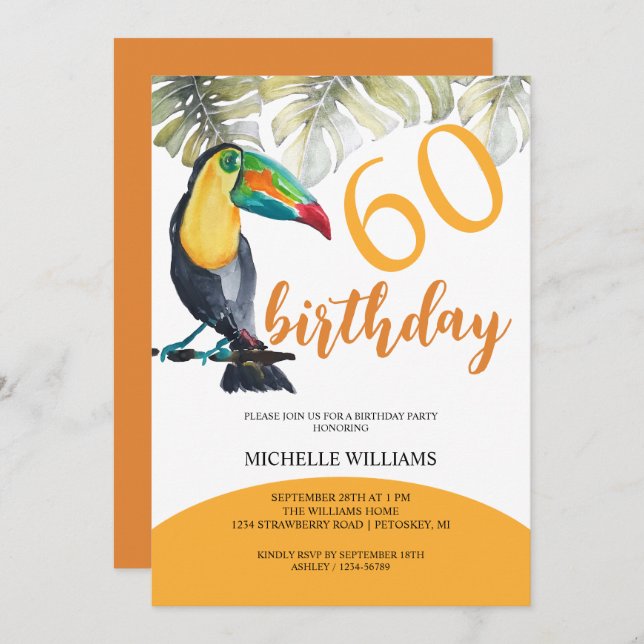 Convites Artista Toucan Tropical Party Watercolor (Frente/Verso)