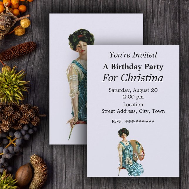 Convites Artista Vitoriano Lady Painter Palette Aniversário (Victorian era artist lady with paint pallette on light blue birthday party invitations.)