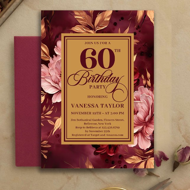 Convites Artistic 60th Birthday Burgundy Blush Bohemian  (Artistic 60th Birthday Burgundy Blush Bohemian Invitation)