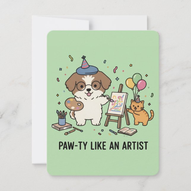 Convites Artistic Dog Cat Festive Celebration Green Invite (Frente)