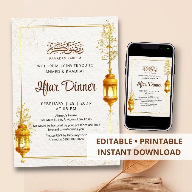 Convites Artistic Gold Floral Ramadan Iftar Dinner (Criador carregado)