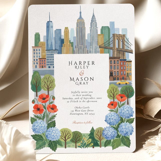 Convites Artistic NYC Skyline Blue Hydrangea Red Poppy Wedd (Criador carregado)