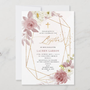 Convites ArtsApp Elegante H2 Rosa Empoeirado Rosas Batismo