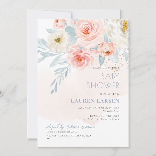 Convites ArtsApp H2 Rosas Rosa Esbranquiçadas Folhagem Azul (Frente)