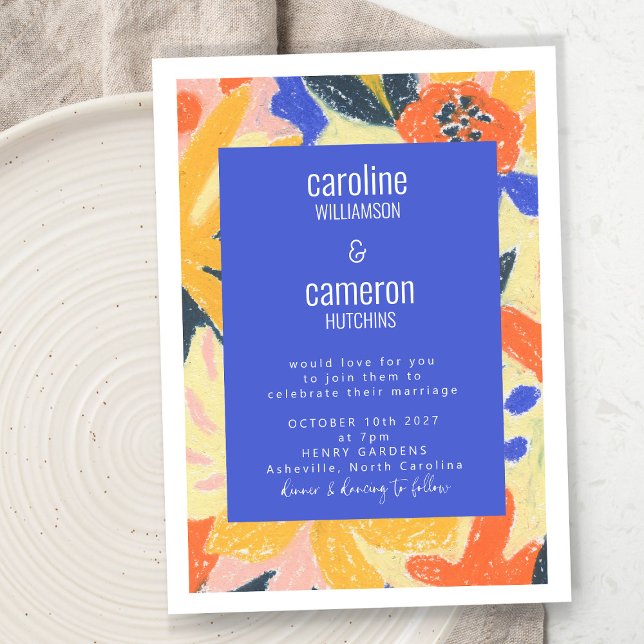 Convites Artsy Abstrato Blue e Yellow Botanical Wedding (Criador carregado)