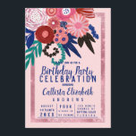 Convites Artsy Azul-Cor-de-rosa-reluzente Acrílico Floral A<br><div class="desc">Este Convite de aniversário apresenta um tema floral simples e bonito e artístico com cores ousadas para o verão. Ele retrata flores acrílicas pintadas manualmente e folhas sobre um fundo rosa pincelado. Um falso quadro de borda de sequências de brilho impresso em uma tipografia azul complementar. O esquema de cores...</div>