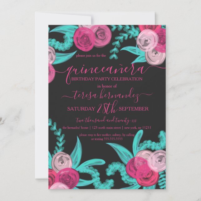 Convites Artsy Bright Neon Flowers de Teal Rosa Quinceañera (Frente)